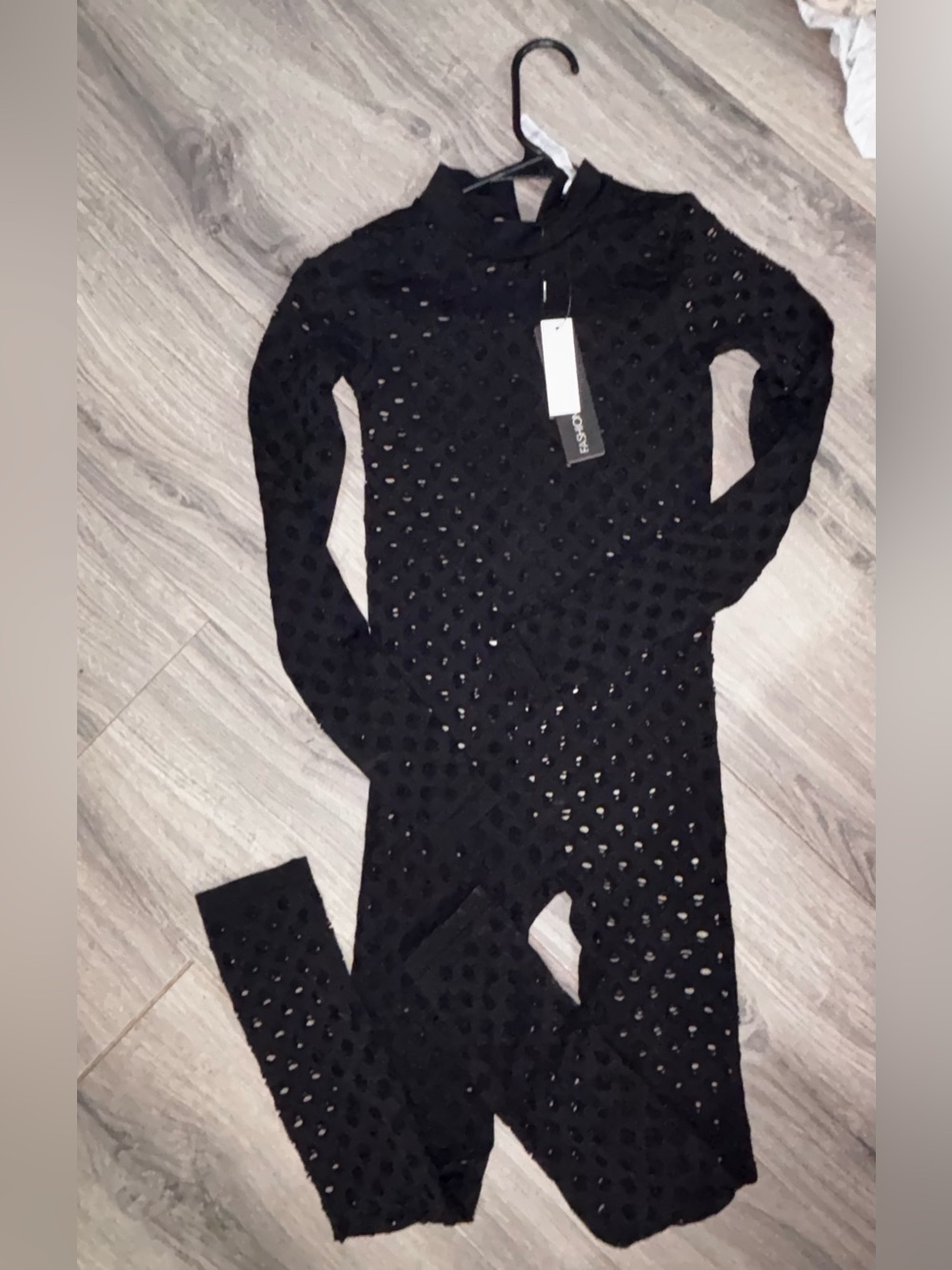 Fashion Nova Black Open-Knit Long-Sleeve Jumpsuit